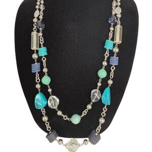 Chicos Long Necklace Multi-Bead Faux Gemstone Silver Chain Contemporary 40" Blue